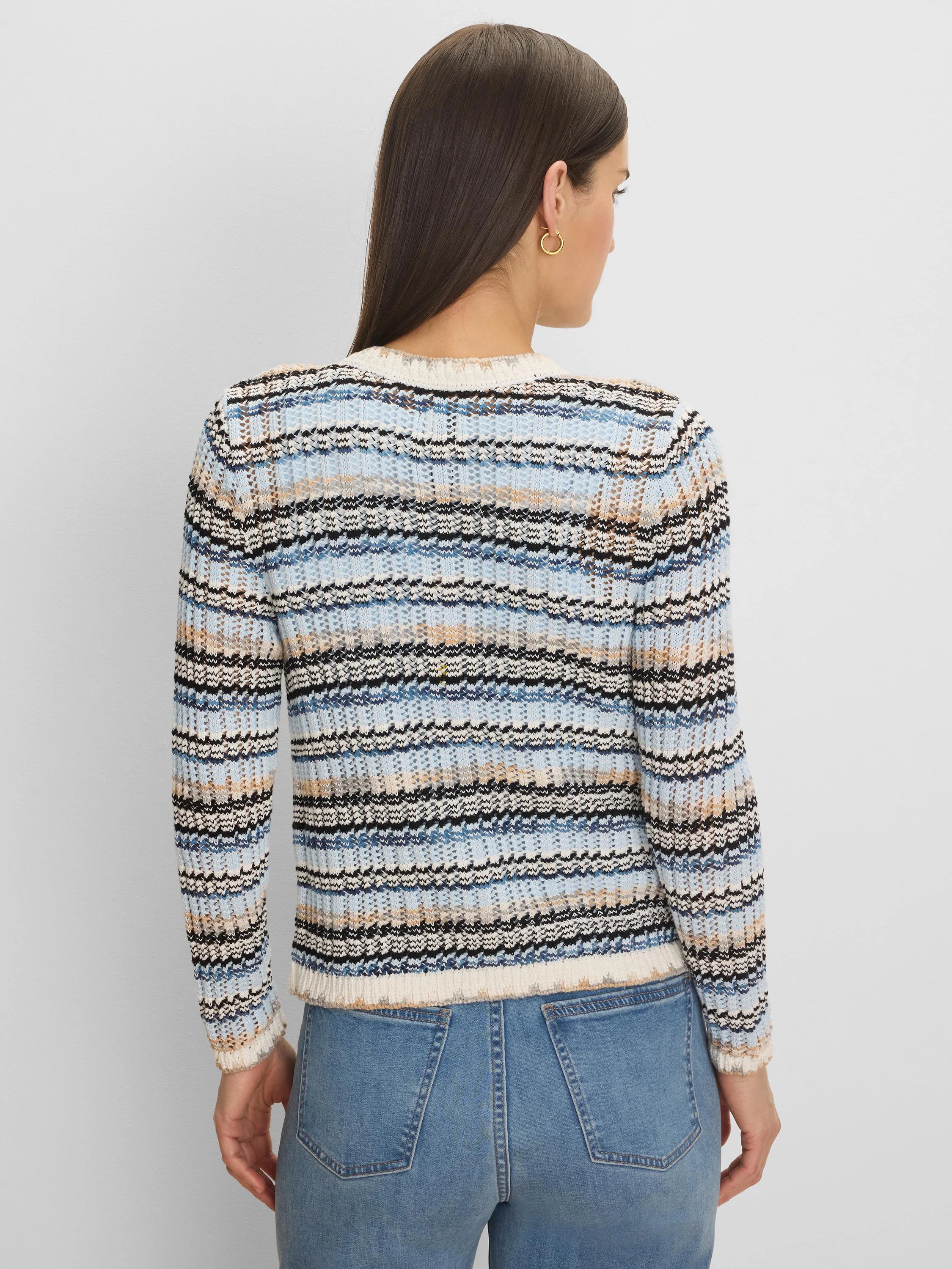 Multi-blue, cream, tan, and black striped cardigan with an open-knit zig-zag pattern, viewed from the back.