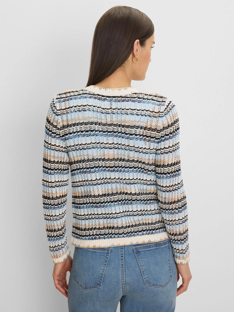 Multi-blue, cream, tan, and black striped cardigan with an open-knit zig-zag pattern, viewed from the back.