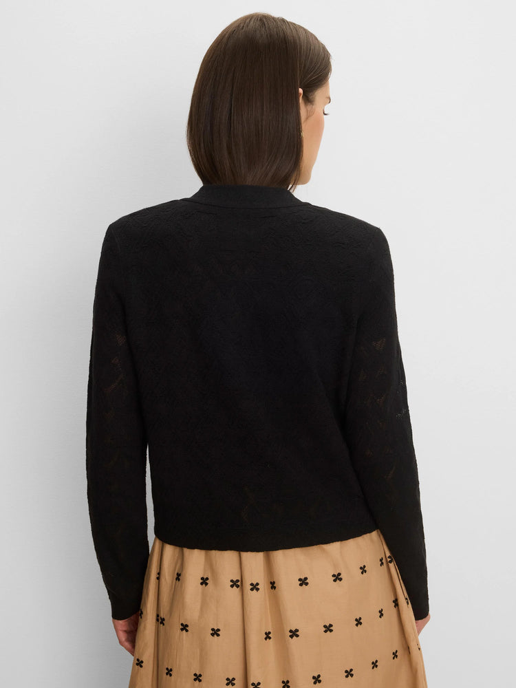 Black knit jacket, back view. Features subtle raised geometric knit pattern and a banded collar.