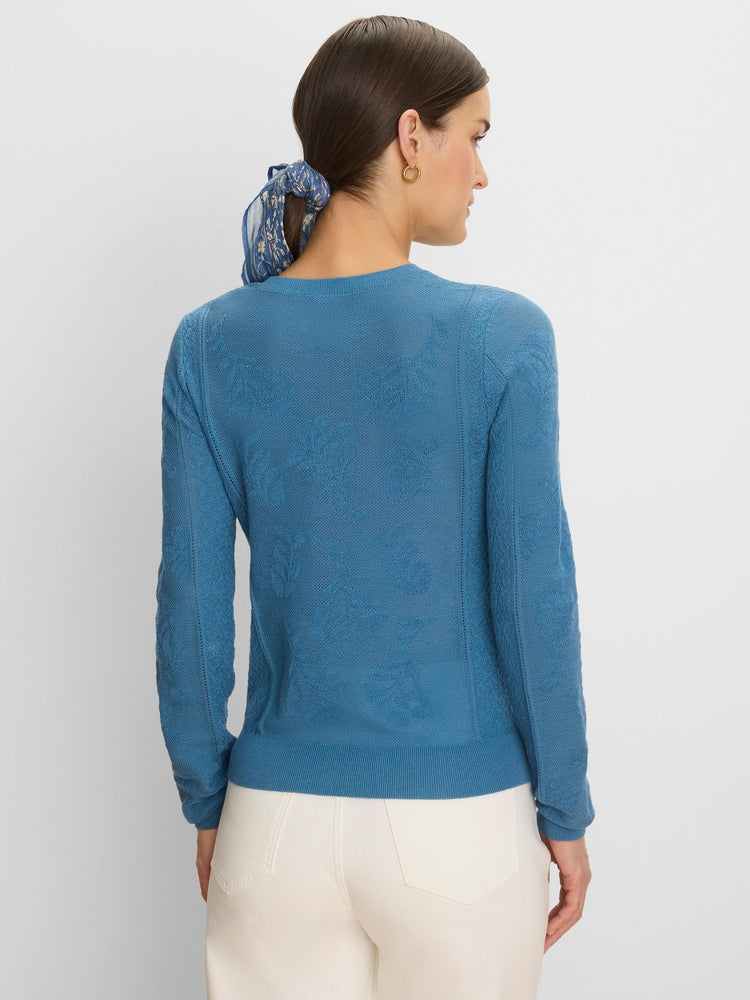 Teal blue long-sleeved jacquard lace sweater with an all-over tonal floral pattern and ribbed trim.