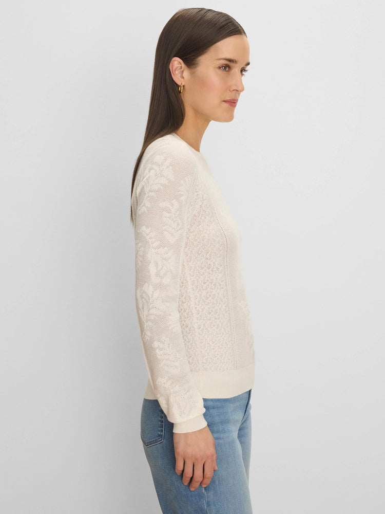 Cream jacquard knit sweater with a textured floral pattern and openwork lace details.