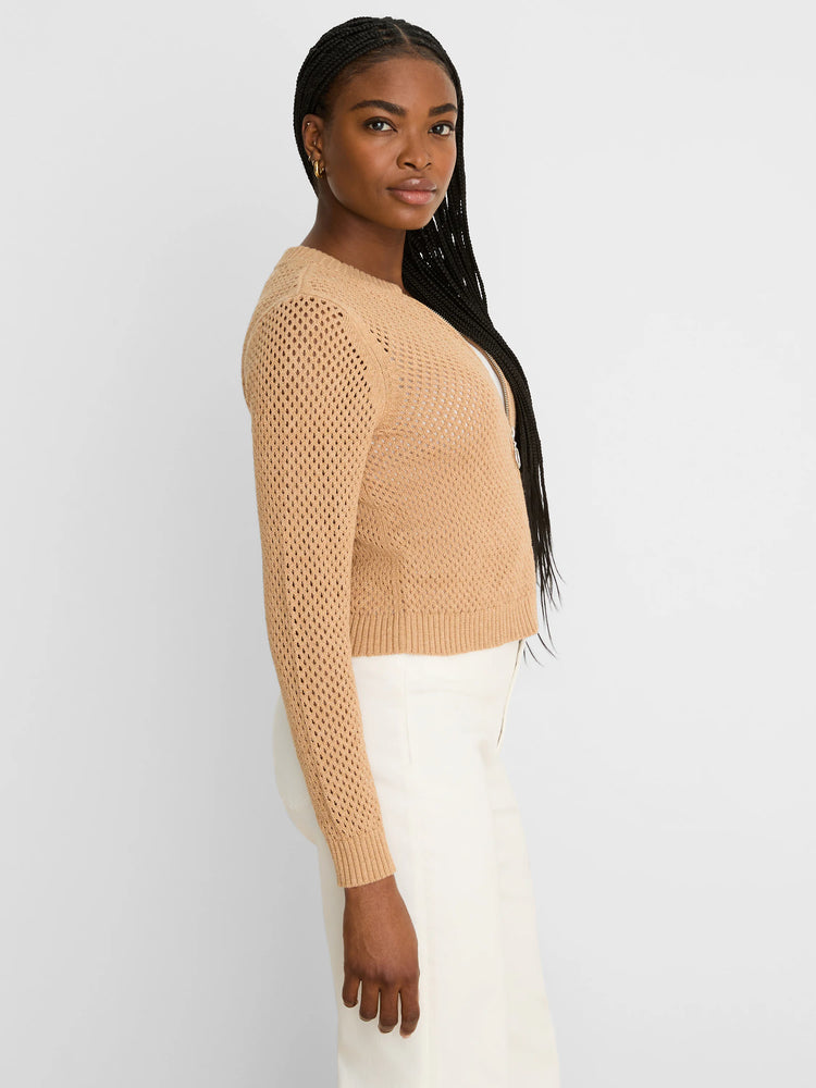 Tan long-sleeve zip-front cardigan with an open mesh knit.