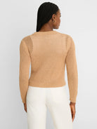 Camel zip-front mesh cardigan with long sleeves, ribbed cuffs and hem, shown from behind.