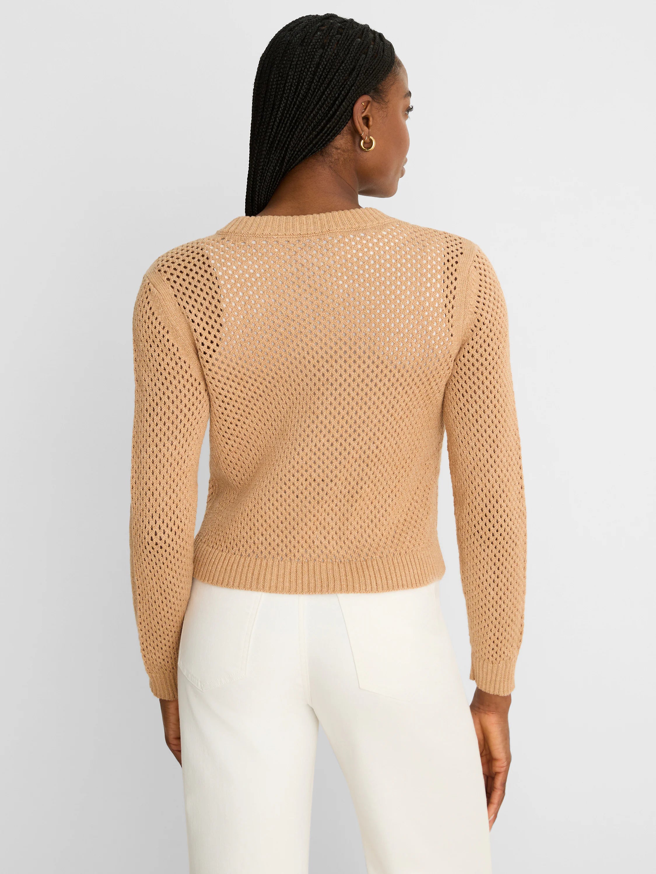 Camel zip-front mesh cardigan with long sleeves, ribbed cuffs and hem, shown from behind.