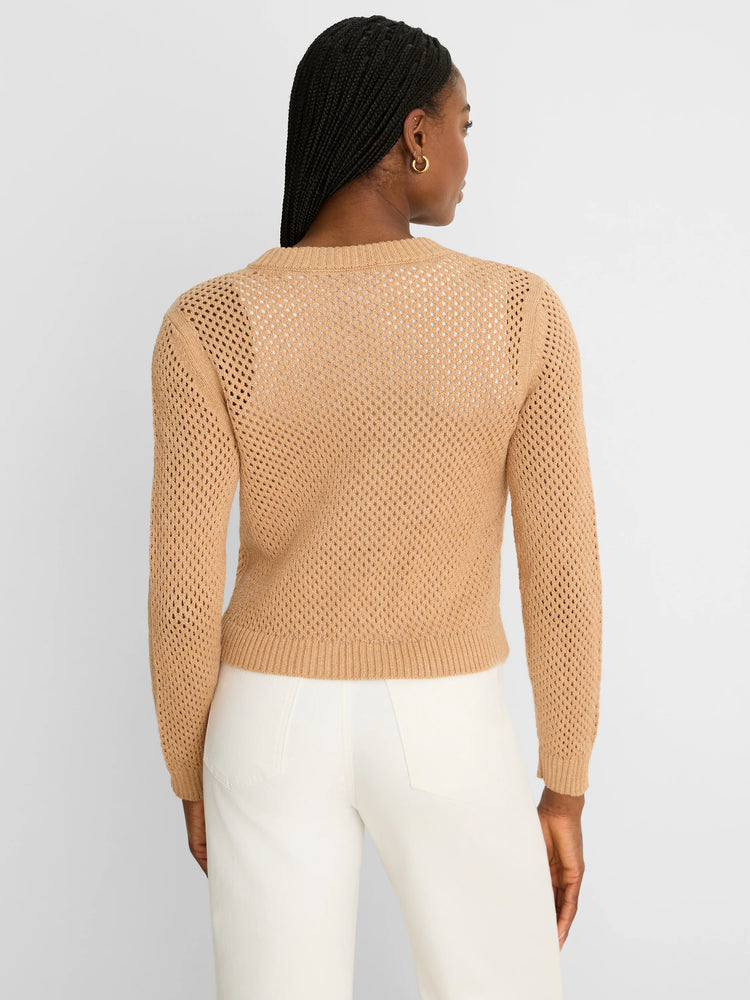 Camel zip-front mesh cardigan with long sleeves, ribbed cuffs and hem, shown from behind.