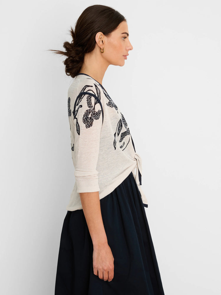 Light cream cardigan with dark blue abstract floral pattern, tied at the waist.