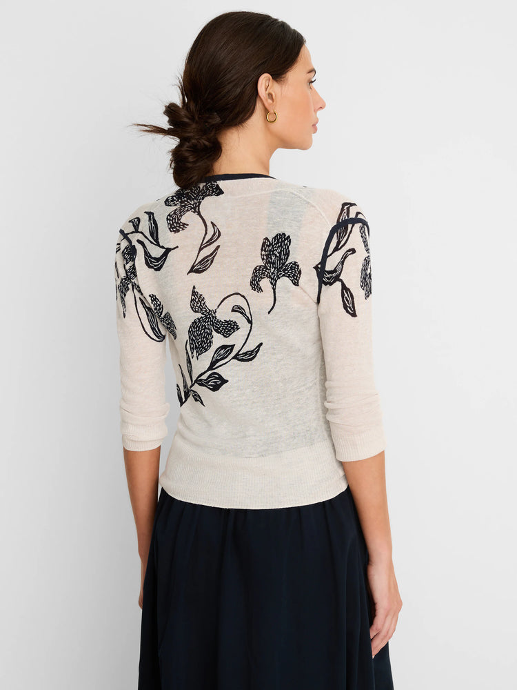 Off-white cardigan with dark ink-style floral pattern on back and 3/4 sleeves.
