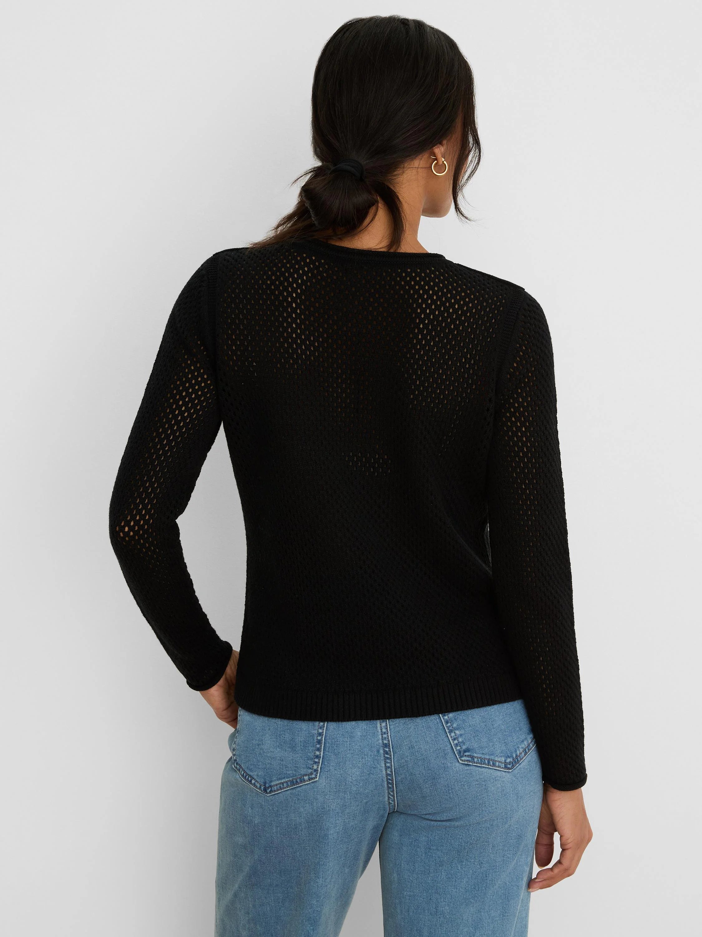 Black long-sleeved sweater with a sheer, open mesh knit pattern.