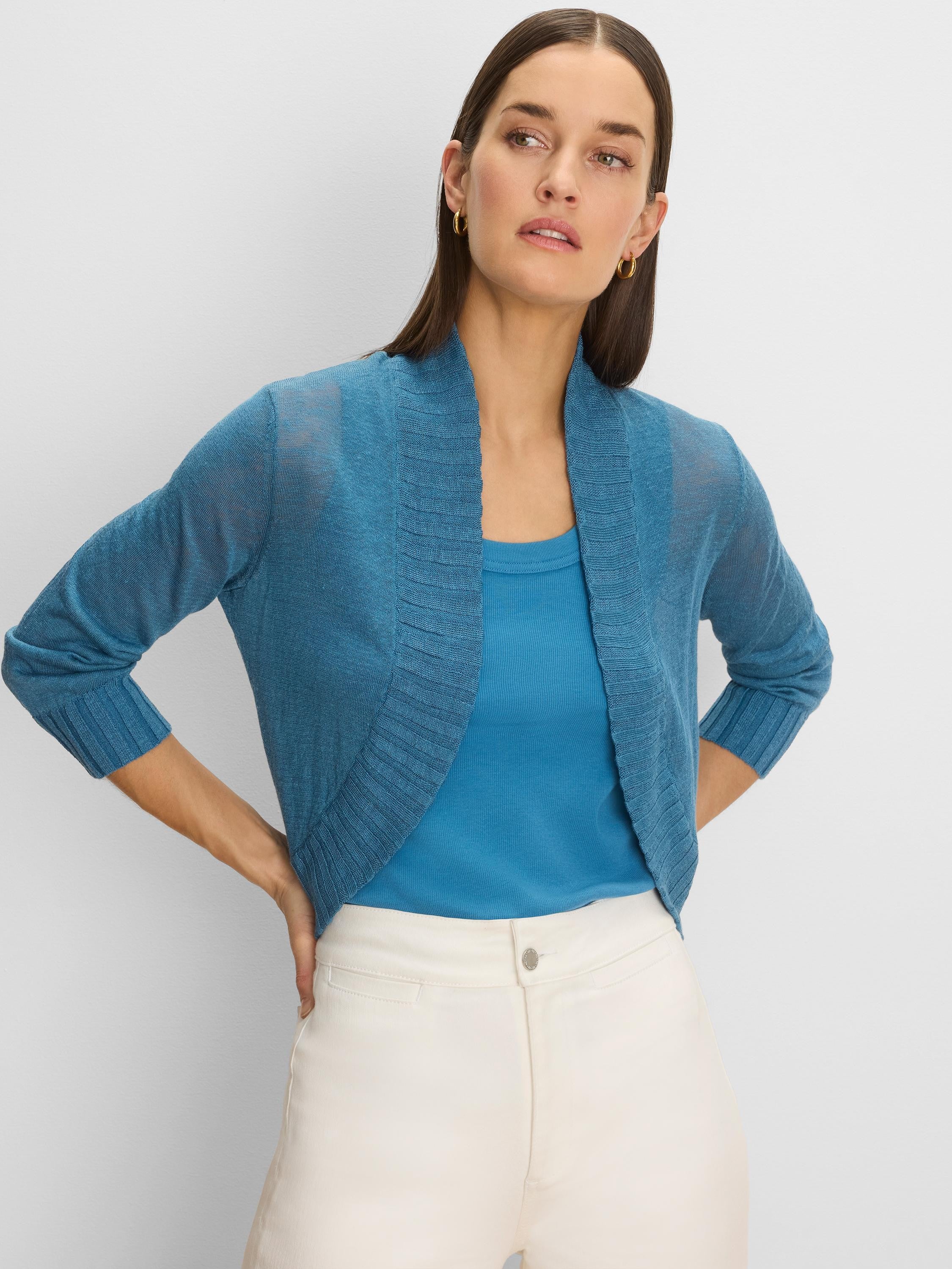 Dusty blue sheer knit bolero cardigan with open front, ribbed shawl collar, and 3/4 sleeves.