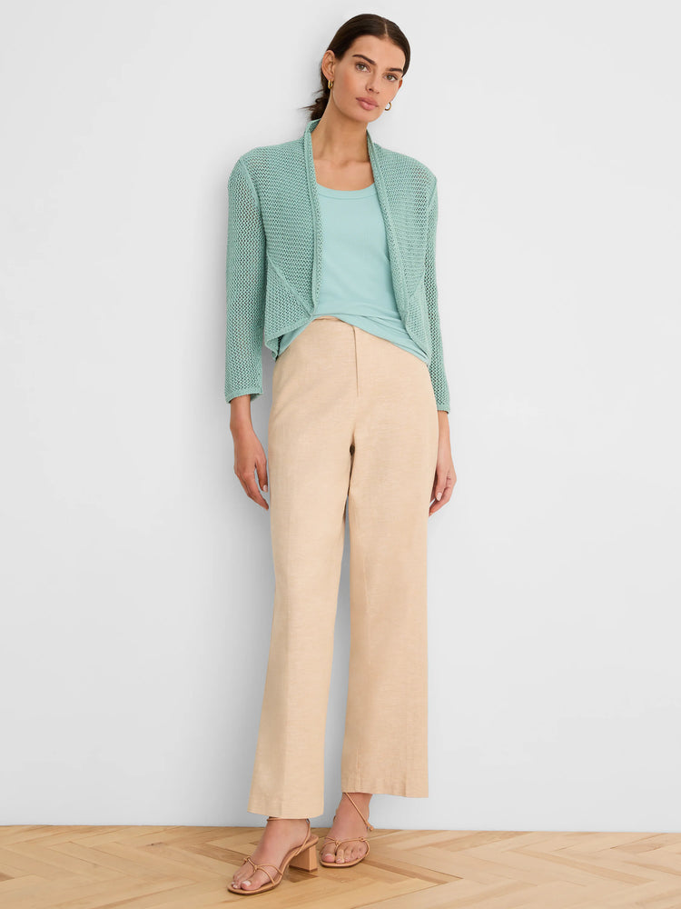 Pale teal open mesh knit cocoon cardigan with 3/4 sleeves.