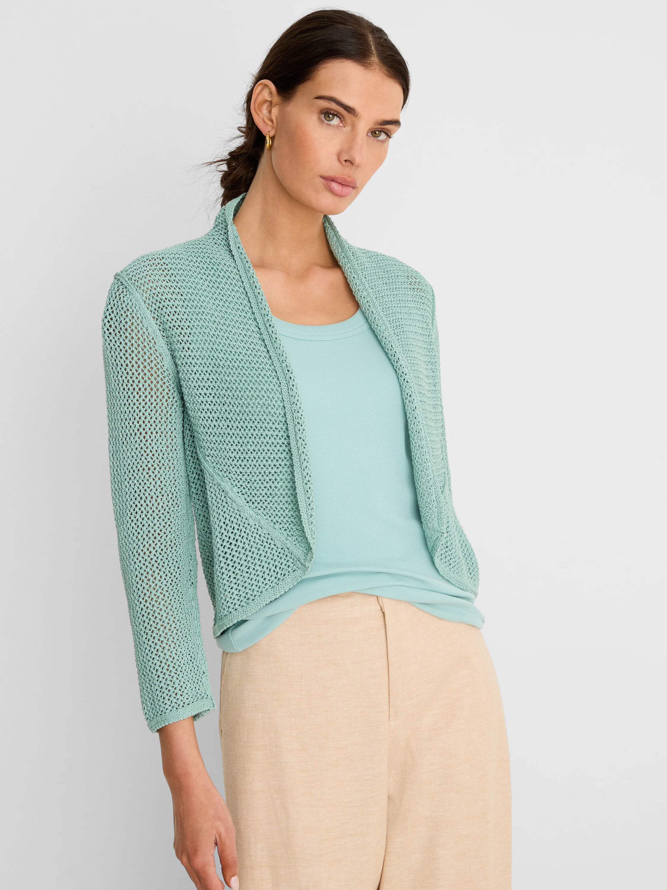 Mint green mesh cocoon cardigan, open front, draped fit, with 3/4 length sleeves.