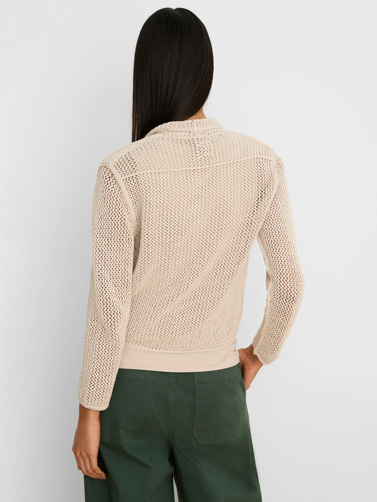 Beige open-knit mesh cocoon cardigan with ribbed cuffs and hem, shown from the back.
