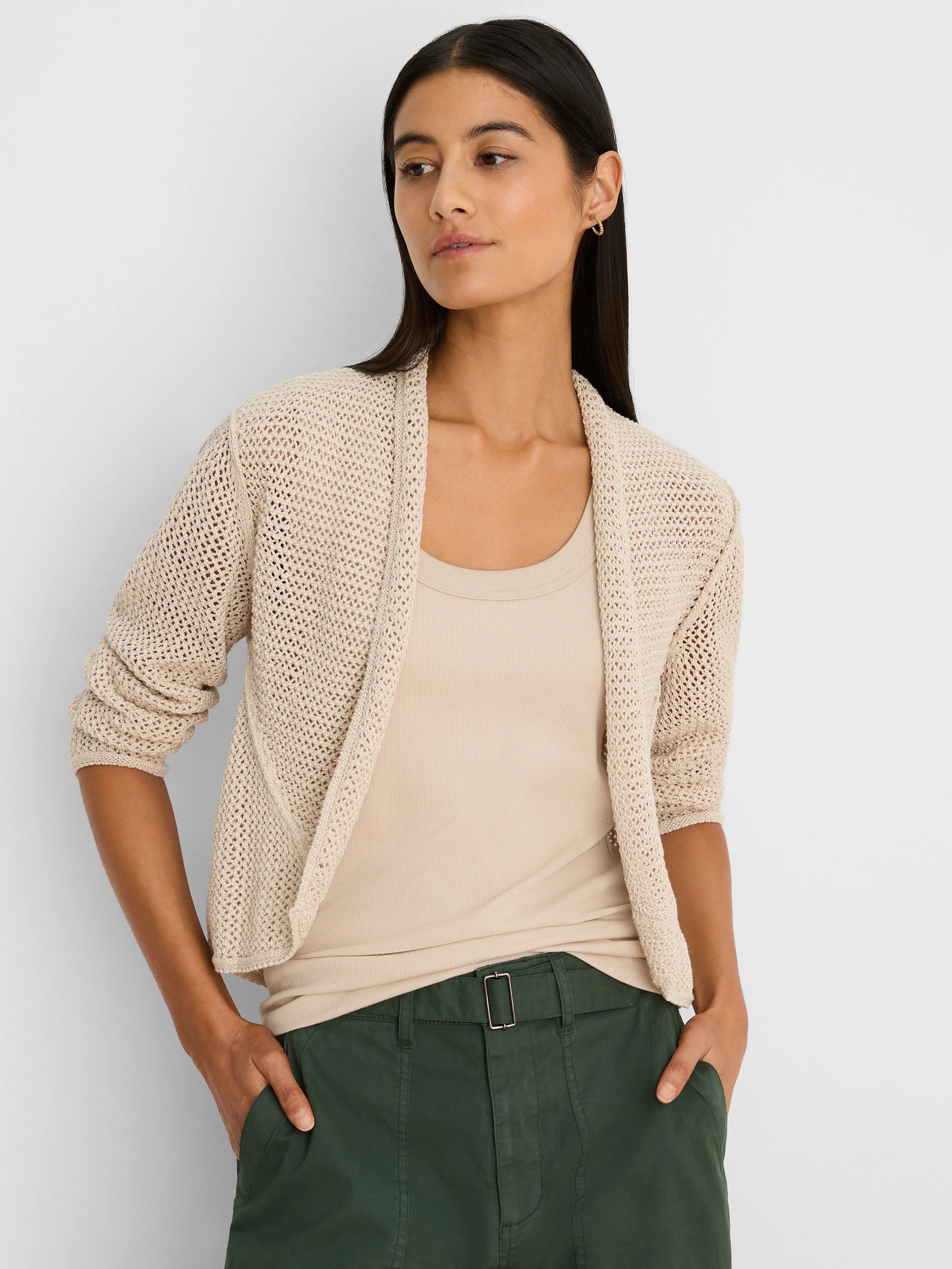 Ecru open-knit mesh cocoon cardigan with 3/4 sleeves.