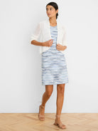 Off-white open-weave mesh cardigan. Cropped, open front, 3/4 sleeves.