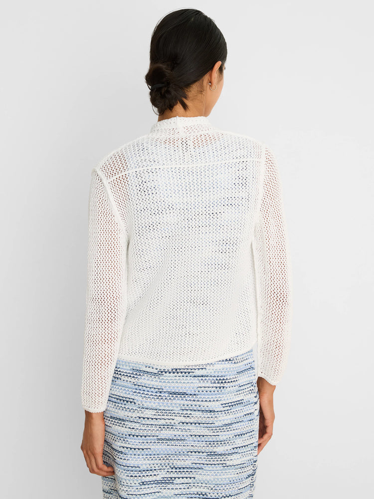 White mesh cocoon cardigan, back view. Loose, open knit with long sleeves.