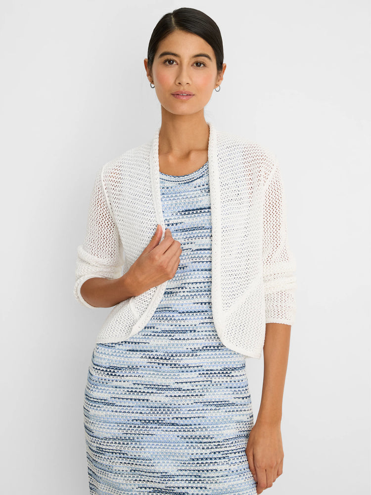 White mesh cocoon cardigan with 3/4 sleeves and open front.
