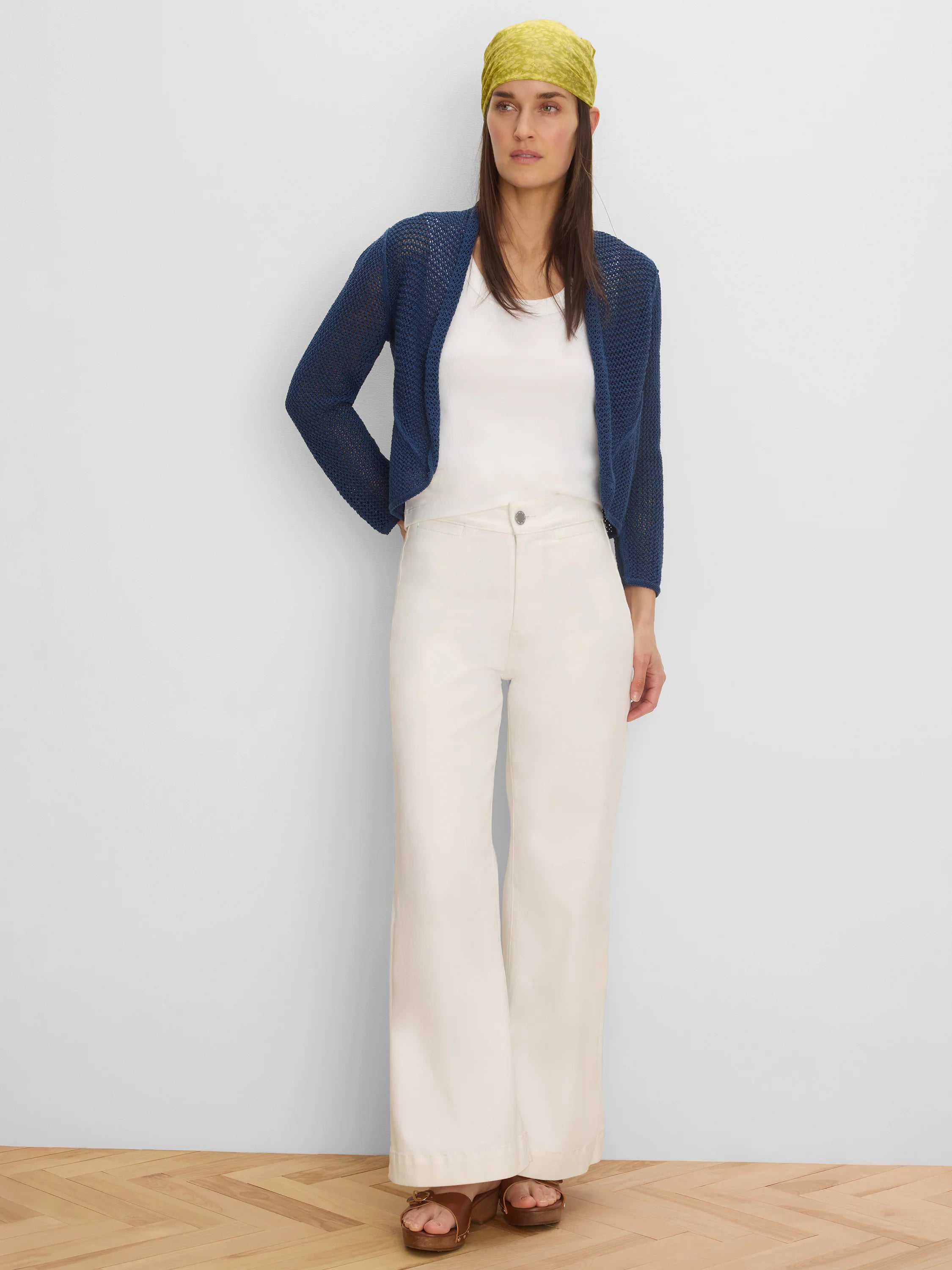 Navy mesh cocoon cardigan, cropped with an open front.