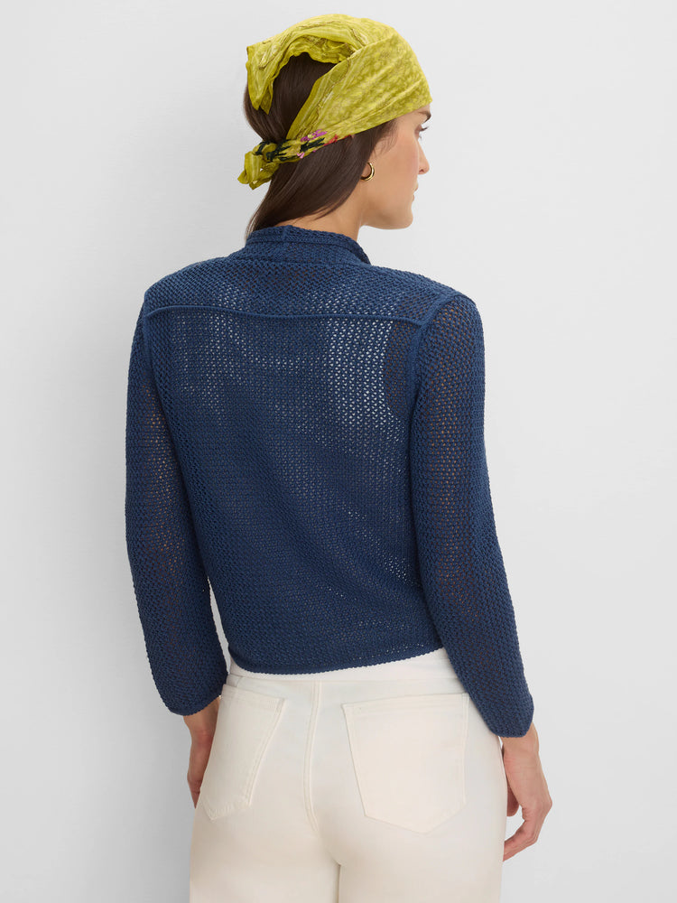 Navy blue mesh cardigan with open knit, revealing skin. Features a high collar & long sleeves. Back view.