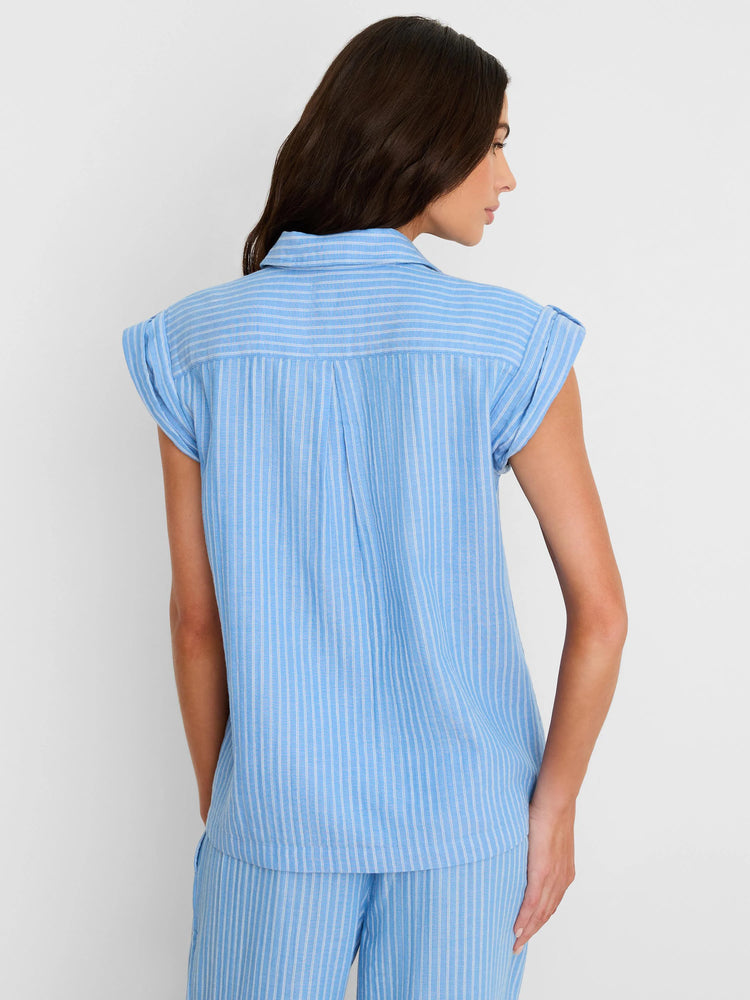 Light blue gauze shirt with thin white vertical stripes, rolled short sleeves, and a collar. Model shown from back.