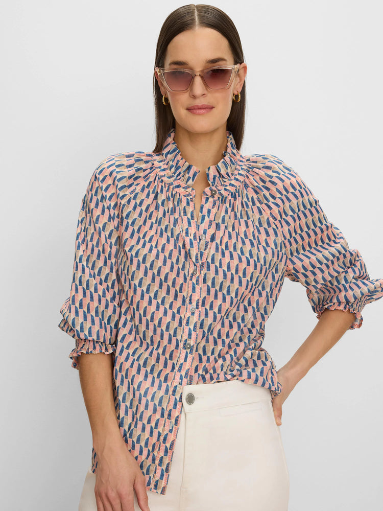 Crinkled cotton shirt with pink, blue, tan geometric pattern. Ruffled collar, button front, gathered 3/4 sleeves.