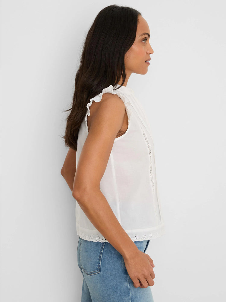 White sleeveless top with ruffled shoulders, vertical lace detailing, and a scalloped lace hem.