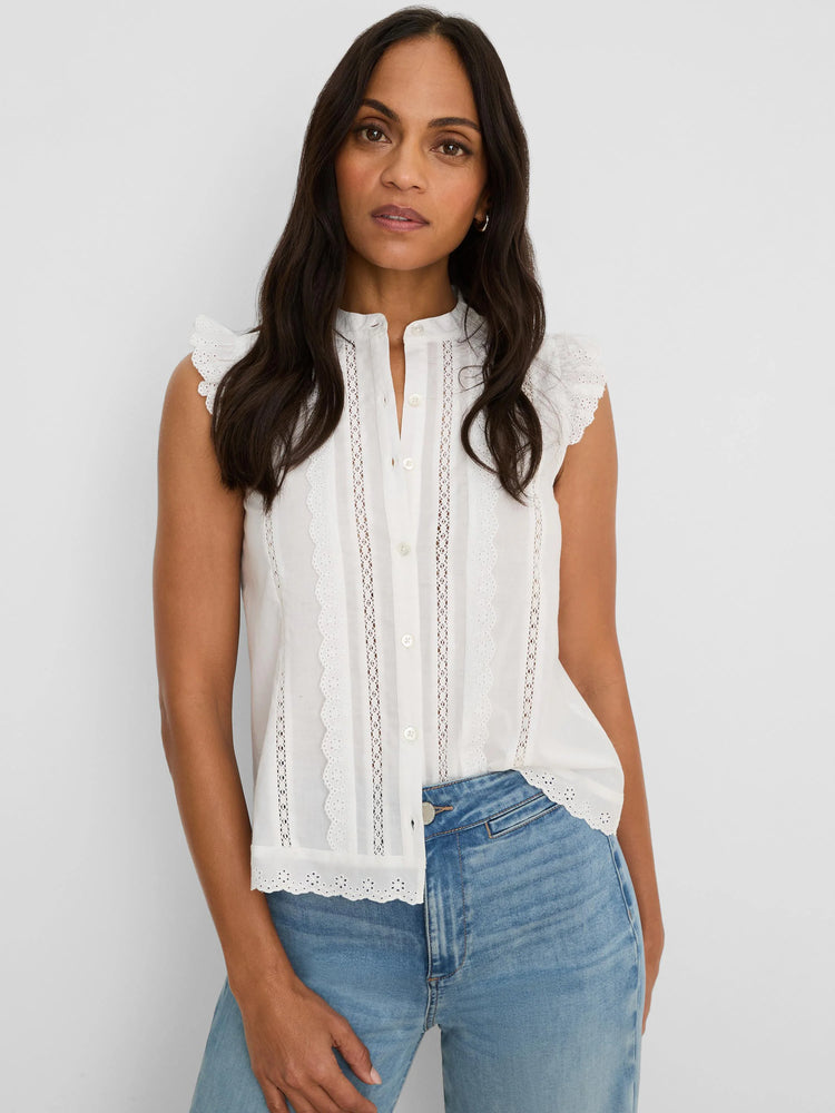White sleeveless top with band collar, button front, vertical eyelet lace trim, and frilled cap sleeves.