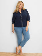 Navy cotton crinkle shirt with white zig-zag stitching on placket, collar, and 3/4 sleeves.