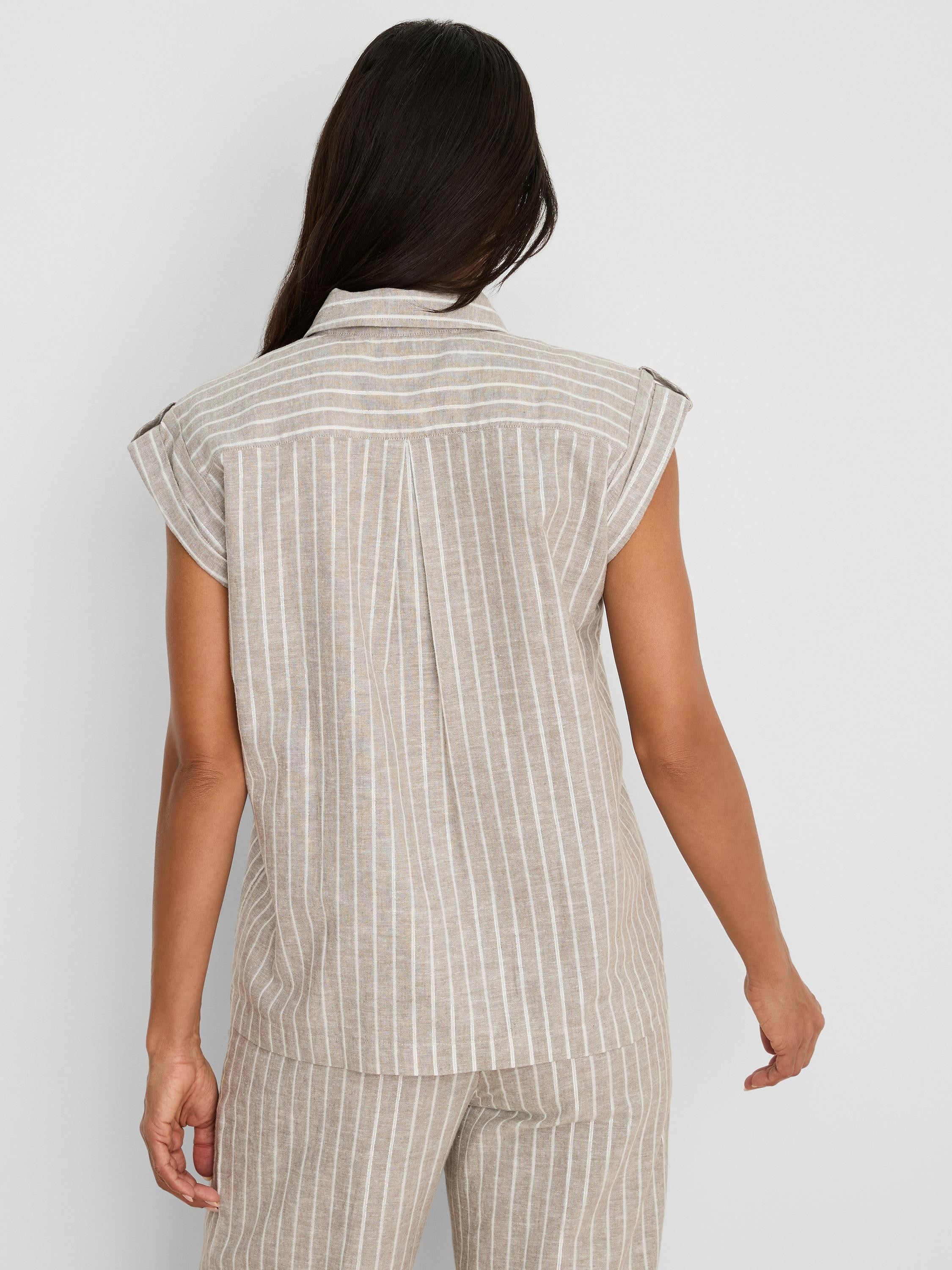 Beige Lurex linen shirt with subtle shimmering white vertical stripes, collar, cuffed short sleeves, and back pleat.