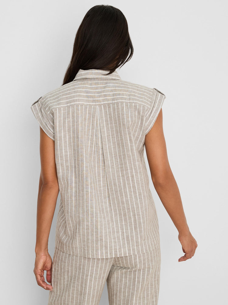 Beige Lurex linen shirt with subtle shimmering white vertical stripes, collar, cuffed short sleeves, and back pleat.