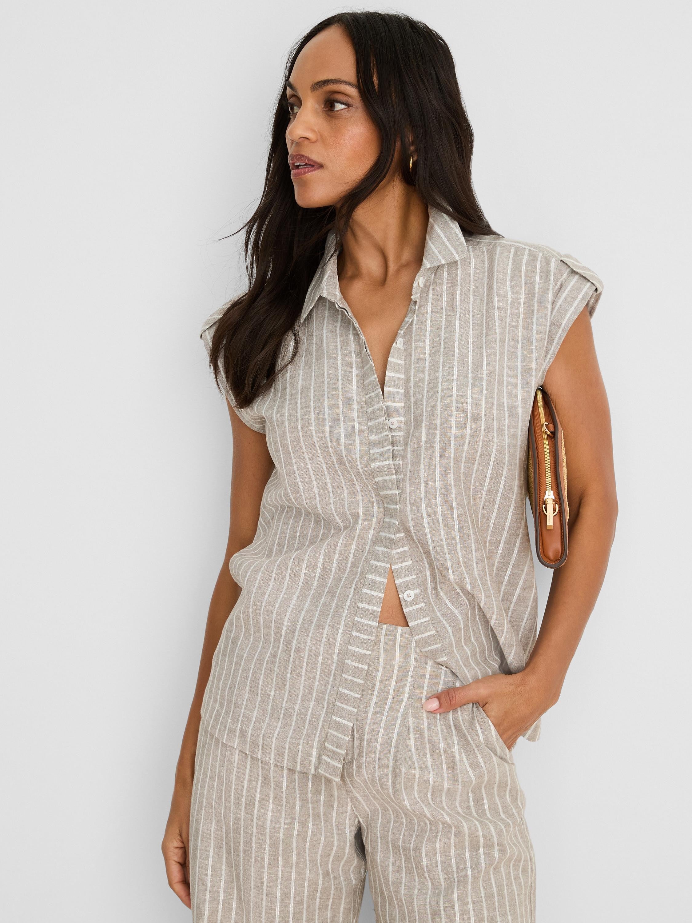 Beige button-up linen shirt with thin white vertical stripes, short cap sleeves, and a collar.