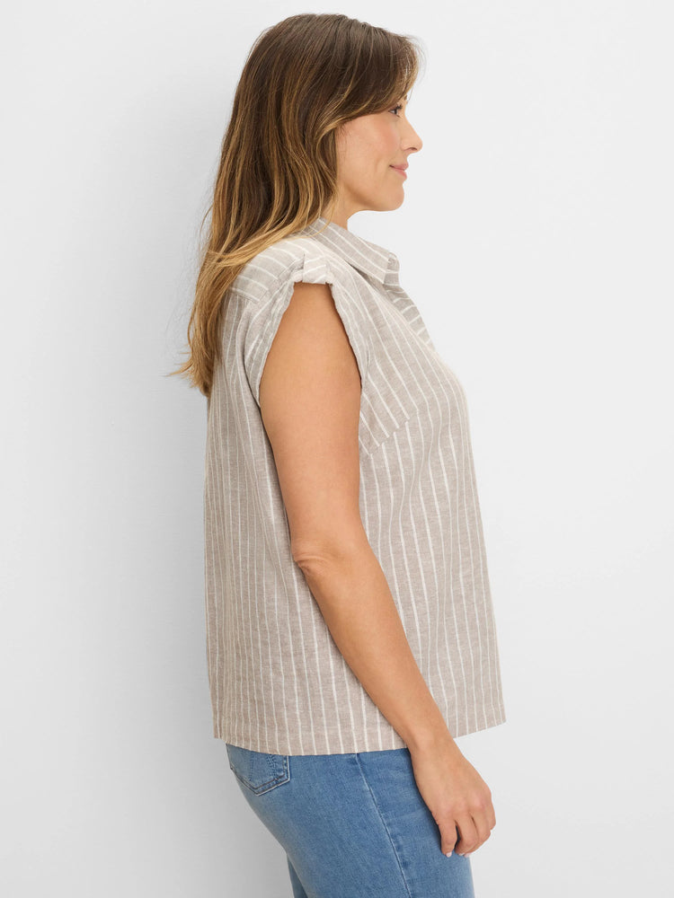 Tan Lurex Linen Resort Shirt with thin white vertical stripes, a collar, and short cap sleeves, on a model.