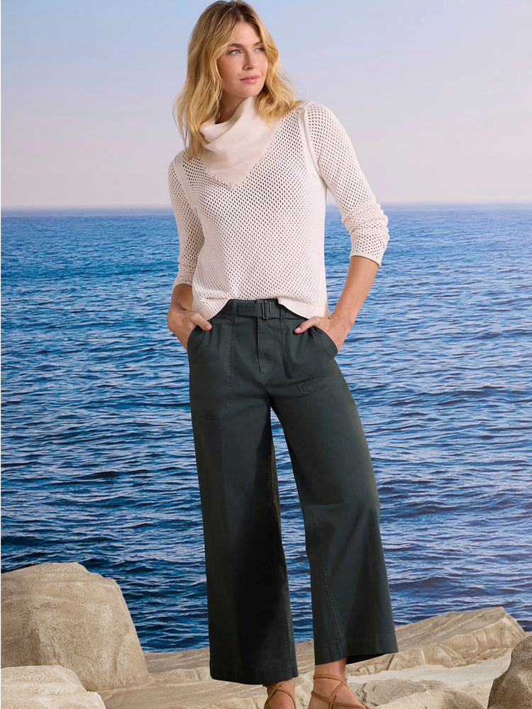 Dark green wide-leg ankle pants. Features a matching belt with a rectangular buckle and front patch pockets.
