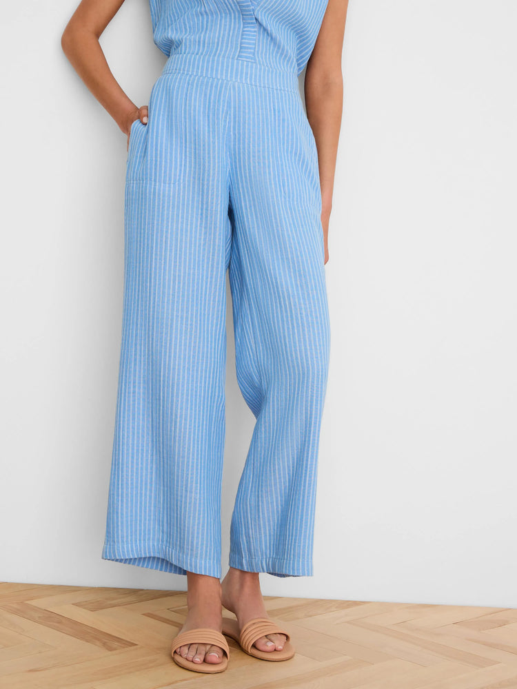 Light blue wide leg gauze ankle pants with thin white vertical stripes. Features visible side pockets.