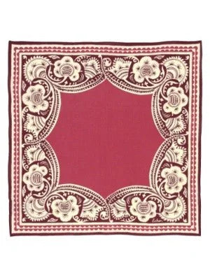 Square fabric with a deep red center, framed by an intricate cream and dark maroon floral border pattern.