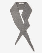 Grey knitted mini scarf with a fuzzy texture, laid flat showing crossed, tapered ends.