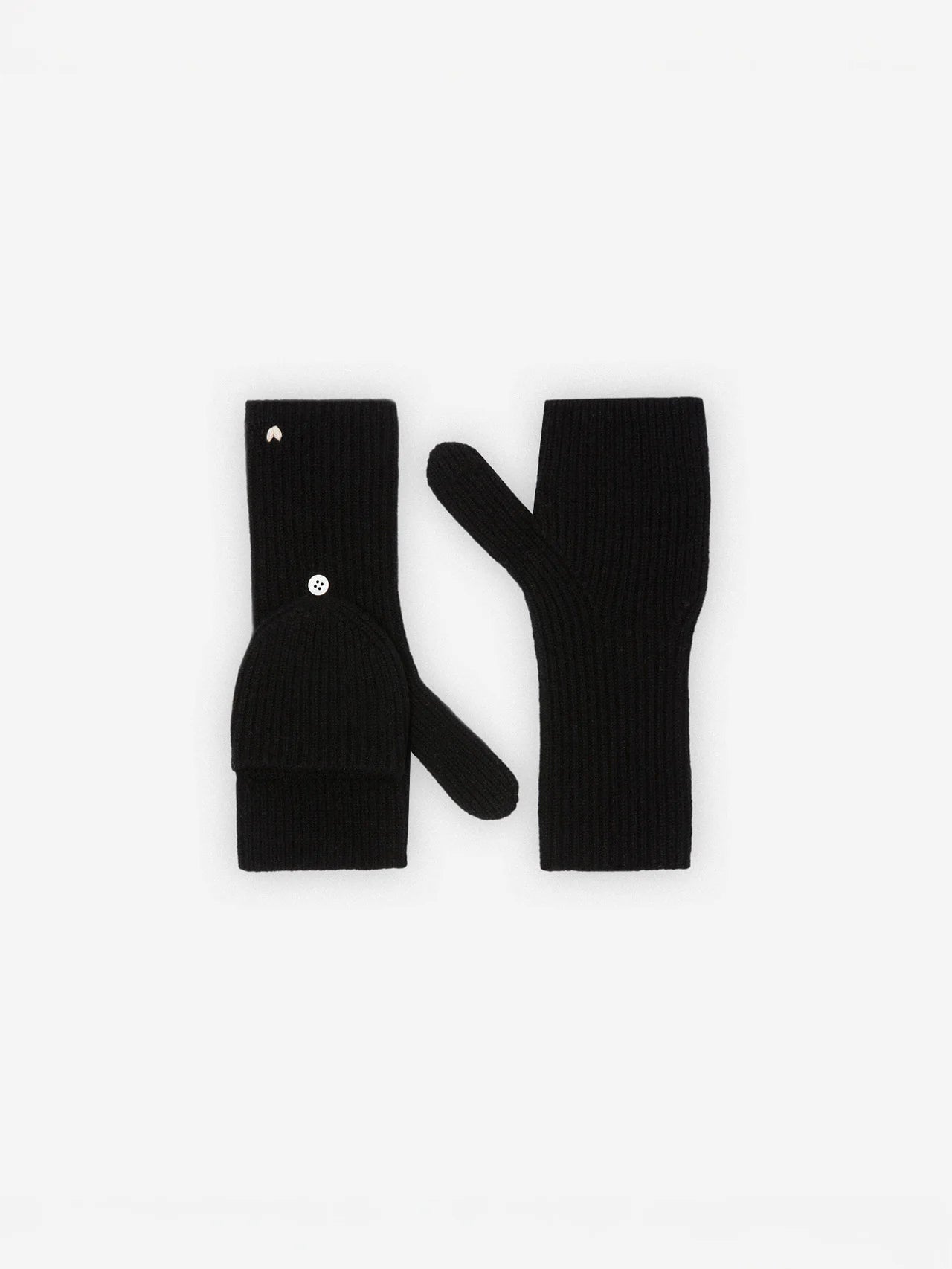 Black convertible mittens. Left shows fingerless style with white button holding back flap; right is closed mitten. Small...