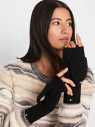 Black ribbed knit convertible mittens, fingerless with fold-over flap. Small cream heart on cuff.
