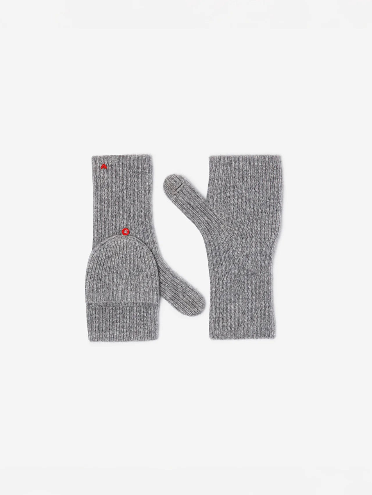 Two light gray ribbed knit convertible mittens. One shows its fingerless design, flap held by red button and red heart logo.