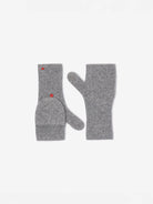 Two light gray ribbed knit convertible mittens. One shows its fingerless design, flap held by red button and red heart logo.