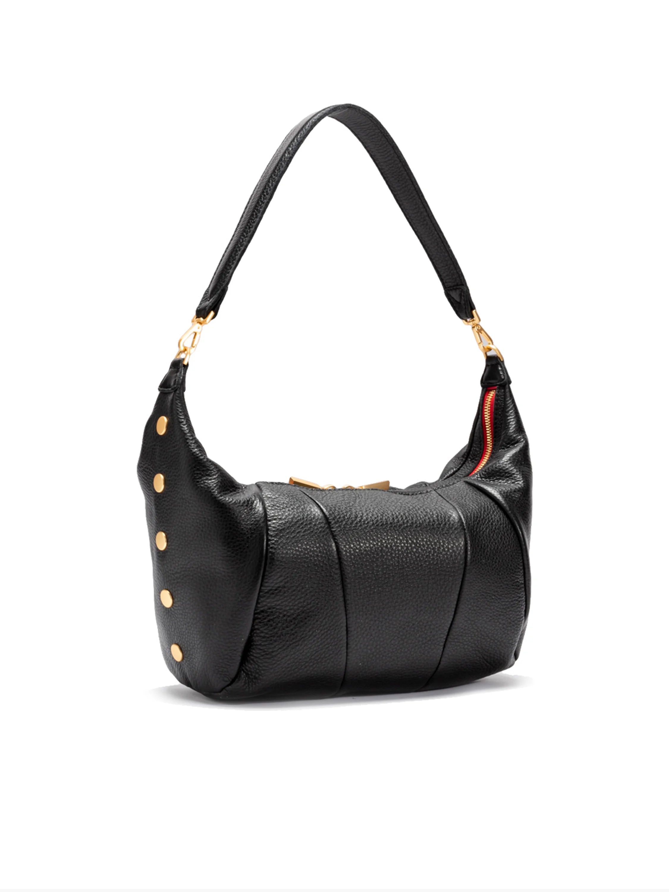Black leather shoulder bag with gold-toned hardware and red zipper.  Semi-circular shape, slightly structured.