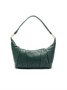 Dark green leather shoulder bag with gold hardware.  Crescent shape, pleated front.