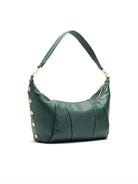 Dark green leather shoulder bag with gold hardware; curved shape, single strap.