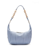 Light blue leather shoulder bag with a beige chain strap and silver-toned hardware.  The bag has a curved shape and...
