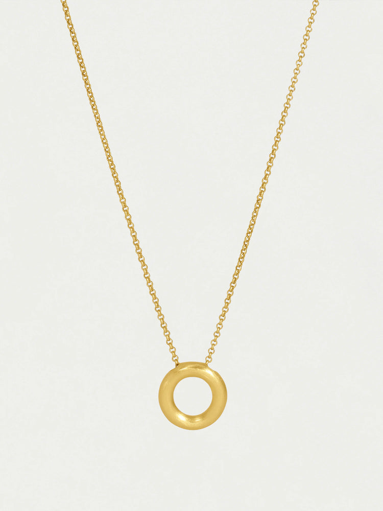 Gold chain necklace with a matte gold,  thick ring pendant.