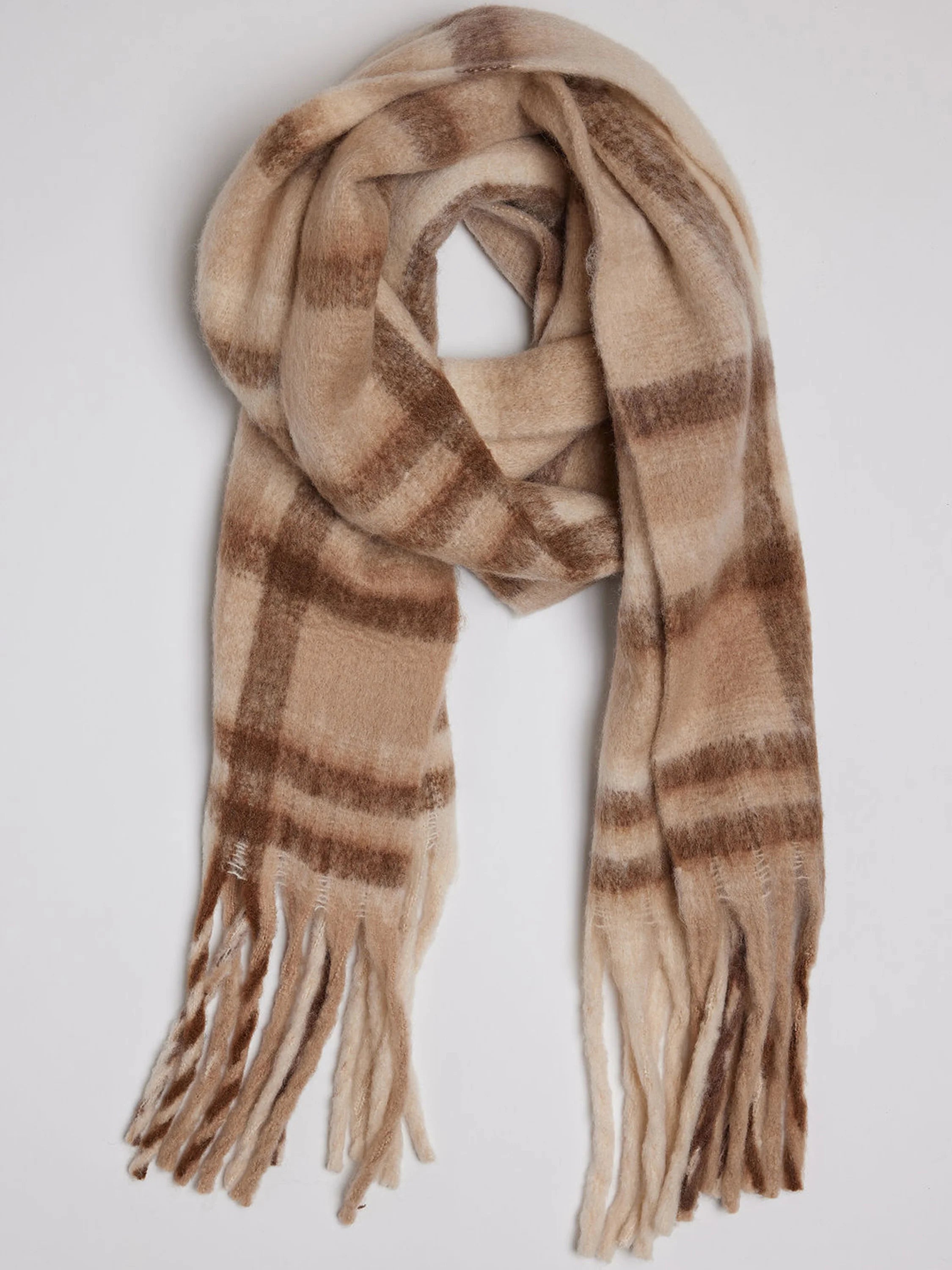 Beige and brown plaid scarf with fringe.