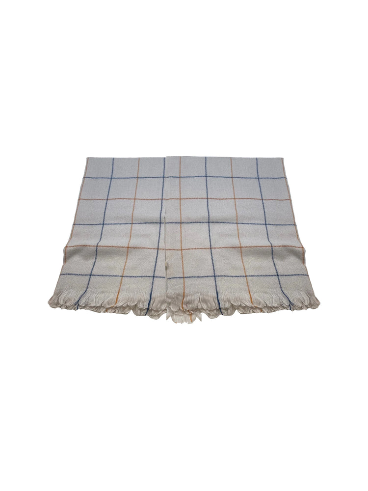 Off-white windowpane scarf with blue and tan lines, fringed ends.