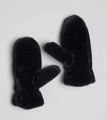 Pair of black faux fur mittens.