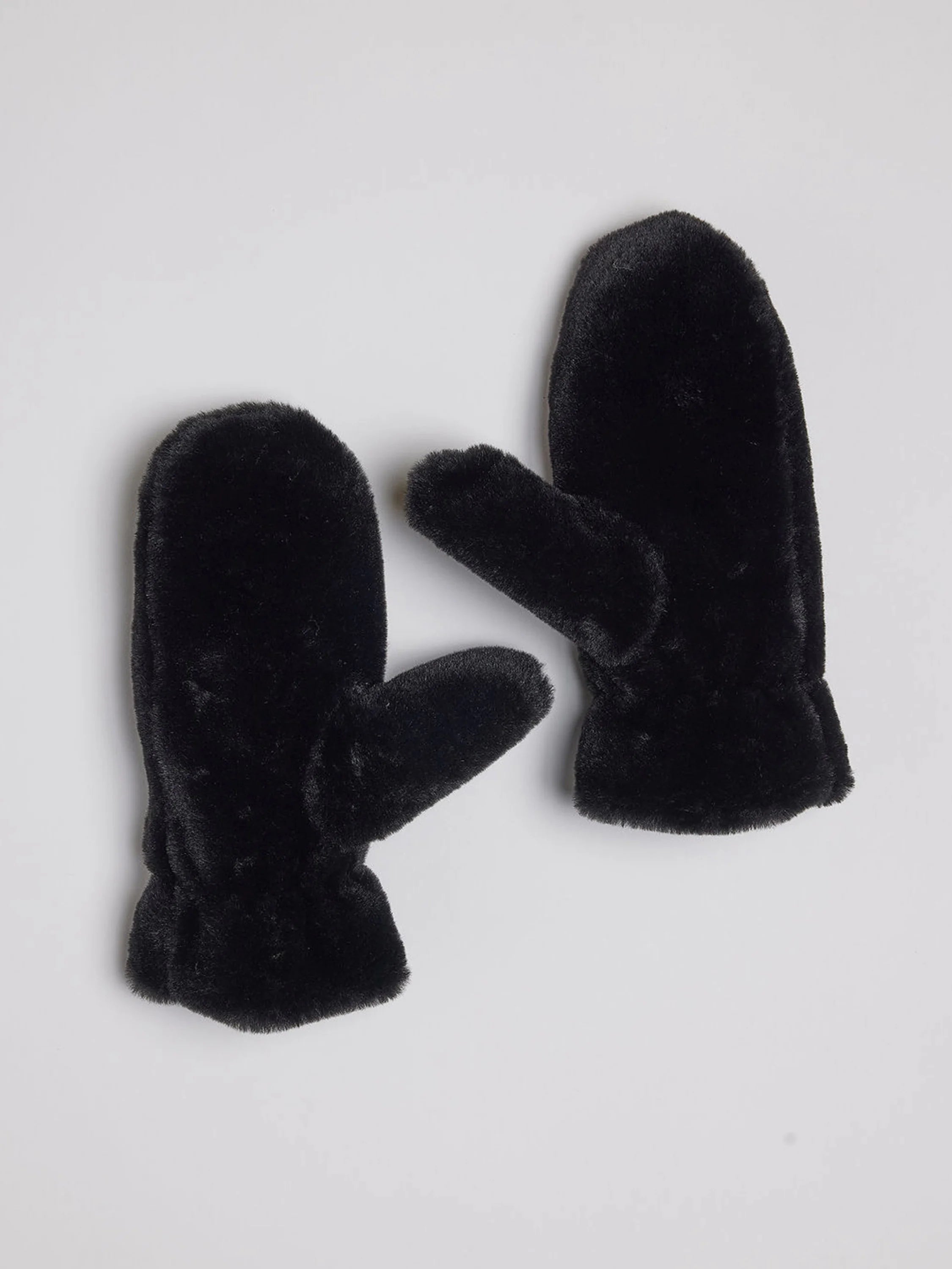 Black faux fur mittens, shown flat.