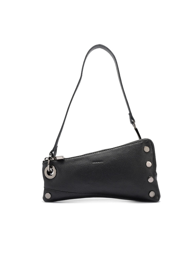 Black leather clutch with gunmetal hardware; long strap, curved shape, and decorative studs.
