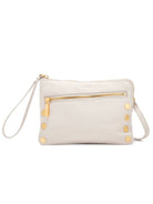 Off-white leather clutch with gold zipper and studs;  wrist strap.